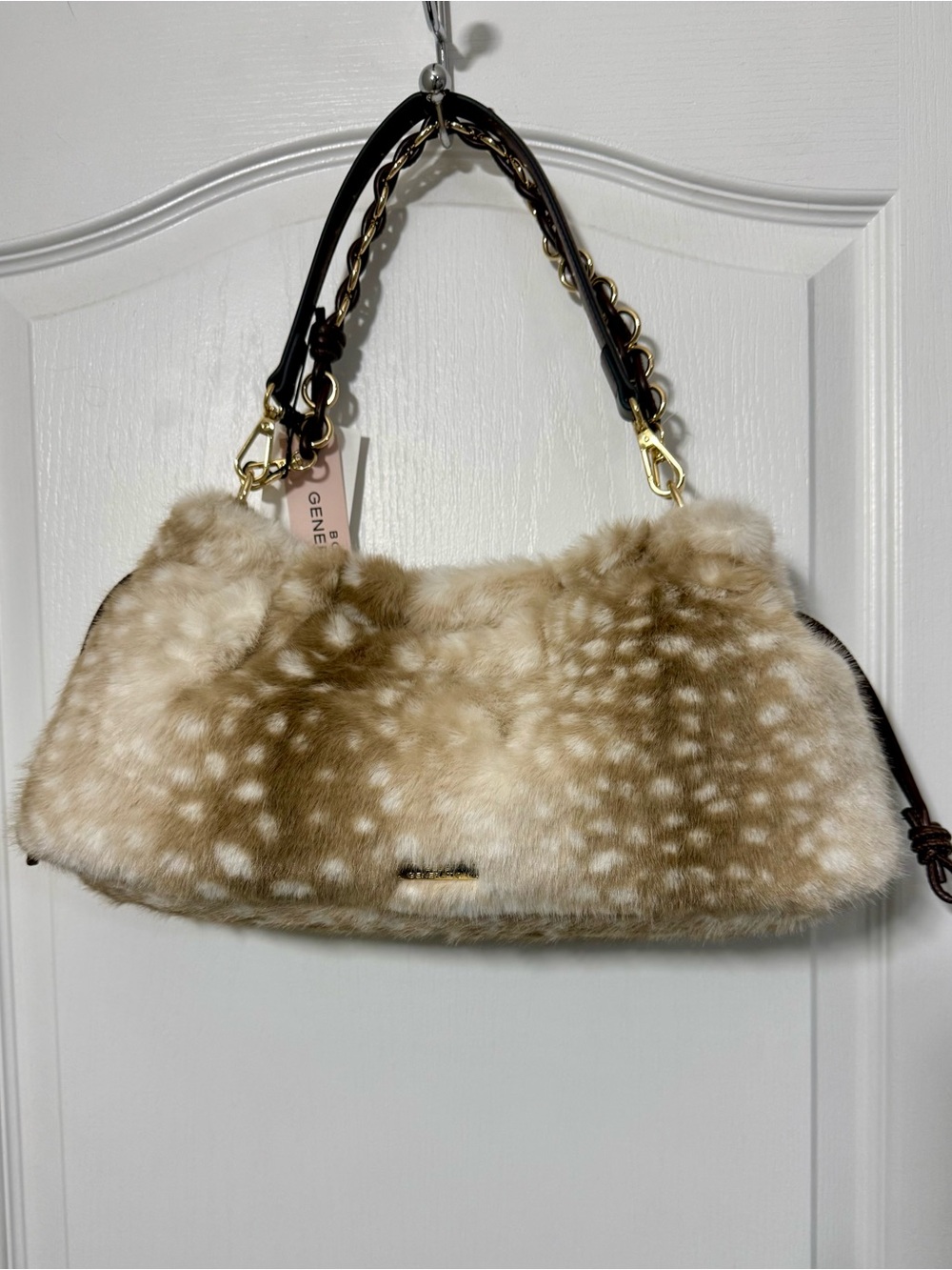 BCBG Beige Spotted Faux Fur Deer print Shoulder Bag with Gold Chain